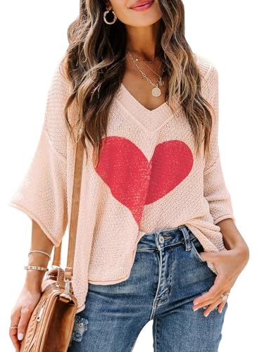 Saodimallsu Womens Cute Heart Sweaters Short Sleeve V Neck Valentines Tops Lightweight Knit Casual Shirts Beige