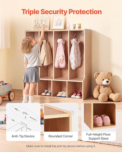 Image of VEVOR 4-Section Coat Locker with Bench, Kids Lockers with 8 Hooks & Non-Slip Mat, Classroom Cubbies for Daycare, Home, Kindergarten- Natural