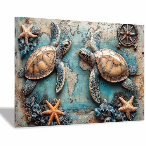 Tableau tortue marine carte du monde art mural de prestige encadré bleu blanc