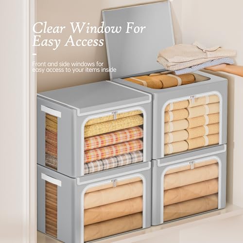 Yecaye Clothes Storage Bins with Metal Frame, 40L Foldable Clothing Storage Bins with Lid, Stackable Zippered Clothes Storage Bags, Oxford Fabric Organizer Box With Clear Window& PU Leather Handles