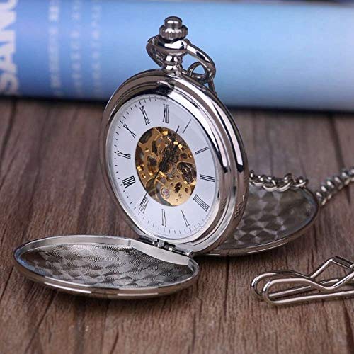 OIFMKC Pocket Watch Fashion Silver Smooth Steel Steampunk Mechanical Pocket Watch Men Women Necklace Pendant Fob Watch,PJX003