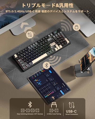 Womier M98 ワイヤレスメカニカルキーボード 無線 96％レイアウト ゲーミングキーボード テンキー付き ガスケット 画面とノブ付き