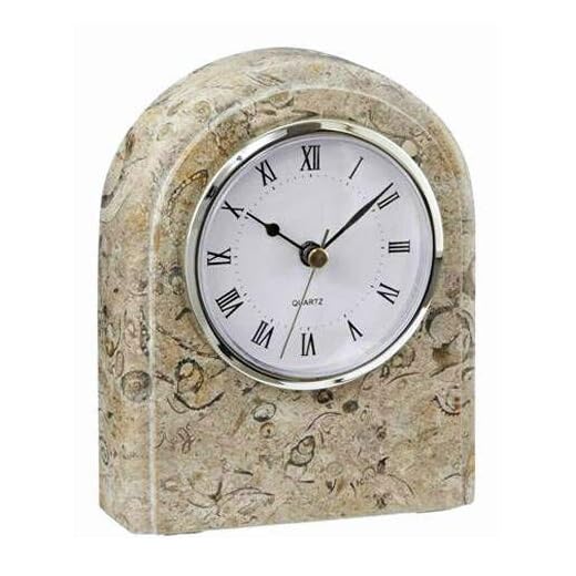 KhanImports Tan Fossil Marble Desk Clock, Decorative Stone Shelf Clock - 6 Inch