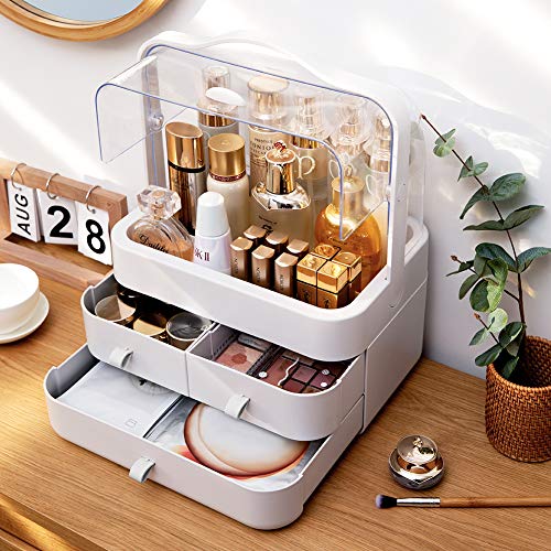 Makeup Organizer And Storage, Waterproof&Dustproof Skincare Organizer With Lid And Drawers, Makeup Organizer Box For Vanity, Cosmetic Display Cases For Bathroom, Dresser, Countertop, Bedroom (White) #TOP1
