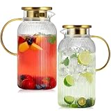 2 Pack Glass Pitcher with Lid, 68 oz/2 Liter Vertical Stripe Round Pitcher with Handle, Heat Resistant, Suitable for Refrigerator Storage, Iced Tea, Coffee, Lemonade, Juice, and Beverage Container