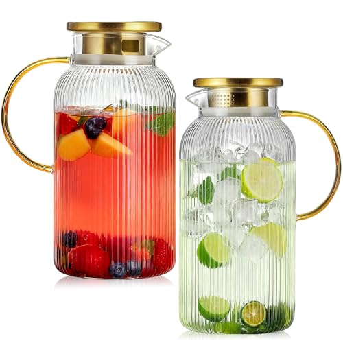 2 Pack Glass Pitcher with Lid, 68 oz/2 Liter Vertical Stripe Round Pitcher with Handle, Heat Resistant, Suitable for Refrigerator Storage, Iced Tea, Coffee, Lemonade, Juice, and Beverage Container