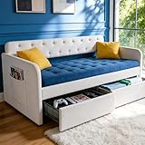VINGLI Twin Size Daybed with 2 Storage Drawers and Pockets, Chenille Upholstered Comfy Sleeper Couch Sofa Bed with Diamond Buttons for Living Room, Movie Room, Bedroom, Beige White
