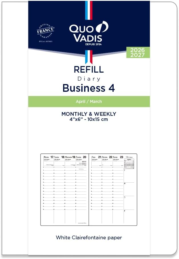 Quovadis qv663rech-pe Notebook (Starts in April 2026) "Business 4/Refill" (Weekly Vertical A6 Variation Size 3.9 x 5.9 inches (10 x 15 cm)