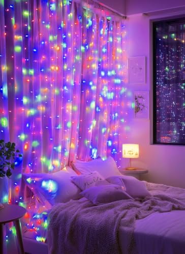 Image of Brightown 300 LED Fairy Curtain Lights, 9.8ft x 9.8ft Curtain String Lights | Multicolor USB Plug in 8 Lighting Modes Christmas String Hanging Lights with Remote for Bedroom Indoor Outdoor Party Xmas