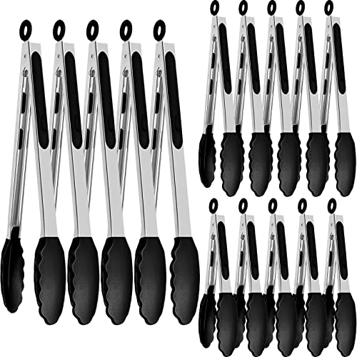 Sunnyray 15 Pcs Kitchen Tongs, 7/9/12 Inches Cooking Tongs Bulk Food Tongs For Serving, High Heat-Resistant Non-Stick Silicone Tips, Stainless Steel Handle Tongs For Bbq, Food Grill, Salad, Frying #TOP12