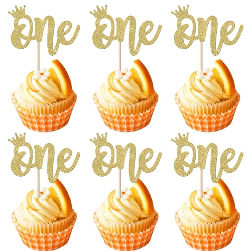Rsstarxi 24 Pack First Birthday Cupcake Toppers Glitter Crown One Cupcake Picks 1st Birthday Cake Decorations for Crown Theme Baby Shower Party Decorations Gold