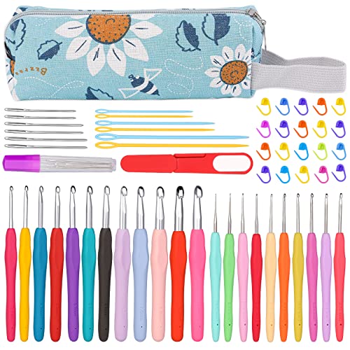 57 Pcs Crochet Hooks Complete Set, 0.5mm-10.0mm Ergonomic Soft Grip Crochet With Large Eye Blunt Needles, Marking Clips, Storage Bag, Crochet Hook Starter Kit For Beginners Experienced Crochet Lover