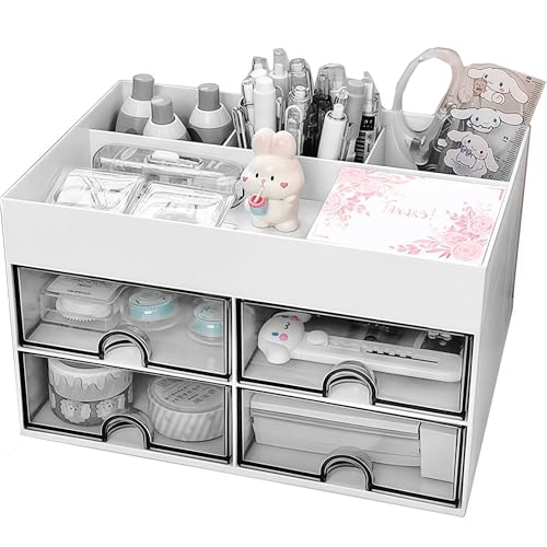 Tel Charme * Desk Organizer with 4 Drawers & 4 Compartments, Large Capacity Multifunctional Plastic Stationery Storage Box, Desktop Organizer for Office, School, Home, Teacher (White)