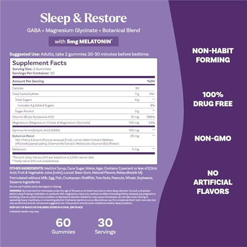 Natrol Sleep + Restore Magnesium Glycinate Blend Gummies with Melatonin 5mg - Calm Magnesium with GABA,Botanical Blend,Cherry Flavor,60 Gummies,(Pack of 2) - image 5