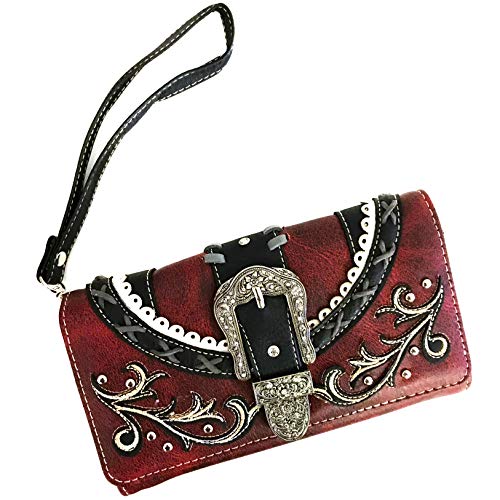 Justin West Trendy Western Rhinestone PU Leather Western Red Wallet