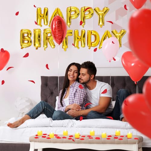 Image of Red and Gold Happy Birthday Balloons Decorations Happy Birthday Letter Balloons Banner with 24pcs Flameless LED Candles and 2000pcs Artificial Rose Petals for Women Men Room Party Decorr
