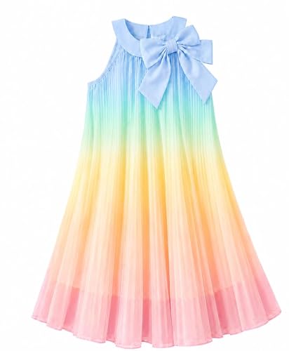 FishingDino Mädchen Sommerkleider Gr.98-128, Neckholder Ombre Tüllkleid Kleider mit Schleife Ärmellos Regenbogen Plissee Kleid Rainbow Dresses 3-8 Jahre, Blau, 98-104