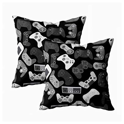 TOMWISH Decor Pillow Covers,TOMKEY 2 Packs Hidden Zippered 18X18Inch Video Game Controller Background Gadgets Pattern Black White Decor Throw Cotton Pillow Case Cushion Cover for Home Decor