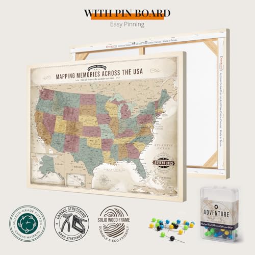 Image of DECORARTS - Large Push Pin Travel Map USA, US Maps for Wall, Soft Vintage Pastel United States Pin Board Canvas Wall Art, Giclee Print, Handcrafted in USA, 35x28