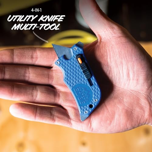 Outdoor Edge SlideWinder - Utility Knife Multitool with Standard Replaceable Razor Blade, Screwdrivers, Prybar, Bottle Opener and Pocket Clip with Locking Auto-Retracting Blade (Blue)