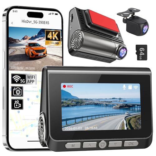 Dash Cam, 4K+2K Full HD Dash Cam Front and Rear, Dash Camera for Cars with Built-in 5GWiFi, 3.0” IPS Screen Dashcam, with 64GB Card, Night Vision, Loop Recording, G-Sensor, Parking Mode, Black