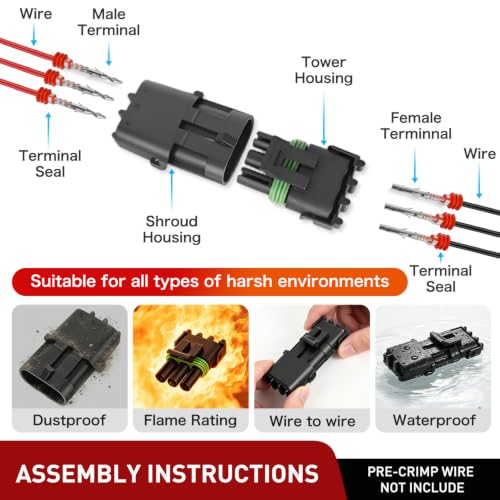 Image of Nilight 140PCS 10 Kits 3 Pin Waterproof Automotive Electrical Connector Kit | Quick Connect and Disconnect Male Female Pin 20-16AWG Terminal Wire Connectors for Car Truck Motorcycle Marine Boat