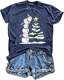 Merry Christmas Shirts for Women Bright Tree Snowman Graphic Tee Vacation Festival Casual Xmas Season Tops(ME-Navy01,Medium)