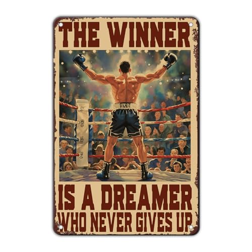 KIYOYO Targa in metallo per appassionati di boxe, poster con scritta in inglese "Boxing Man The Winner Is A Dreamer Who Never gives up", decorazione da parete per casa e cucina, 30,5 x 20,3 cm,