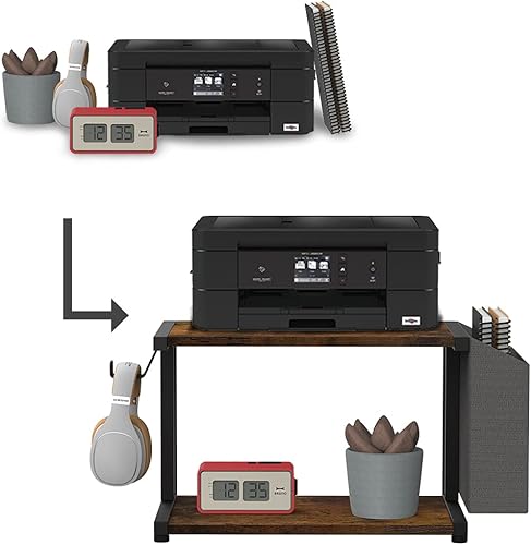 Miniatura 7 de VEDECASA Soporte para impresora debajo del escritorio de madera rústica de 2 niveles con bolsa de almacenamiento para impresora de escritorio para