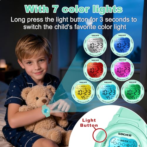 Image of SOCICO Kids Digital Watch 50M Waterproof & 7 Color Lights for Boys Girls