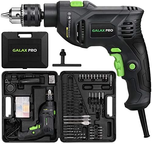 GALAX PRO 5Amp 1/2-inch Corded Impact Drill with 105pcs Accessories, Variable Speed 0-3000, Hammer and Drill 2 Functions in 1, 360°Rotating Handle, Depth Gauge, Carrying Case Included