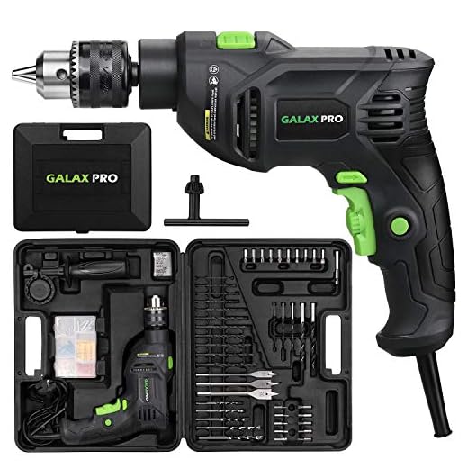 GALAX PRO 5Amp 1/2-inch Corded Impact Drill with 105pcs Accessories, Variable Speed 0-3000, Hammer and Drill 2 Functions in 1, 360°Rotating Handle, Depth Gauge, Carrying Case Included