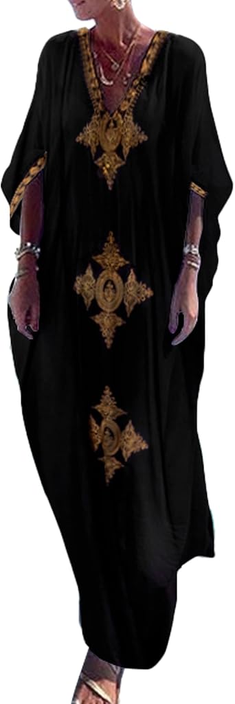 Bsubseach Gold Embroidery Long Kaftan Dresses V Neck Caftan Dress Beach Cover Ups for Women Embroidery