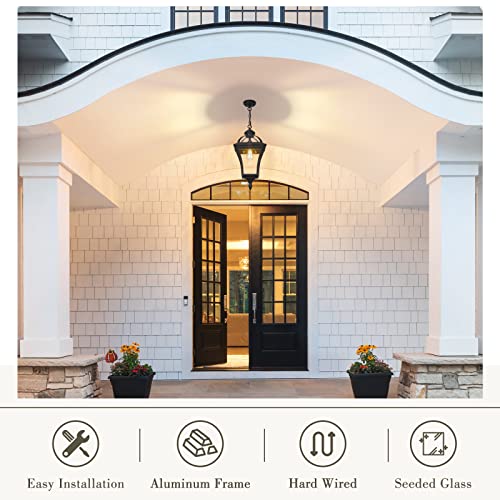 Zeyu 21-Inch Farmhouse Outdoor Pendant Light For Porch, Modern Industrial Large Exterior Hanging Lantern, Die-Cast Aluminum With Seeded Glass, Black Finish, Zx55H Bk #TOP4
