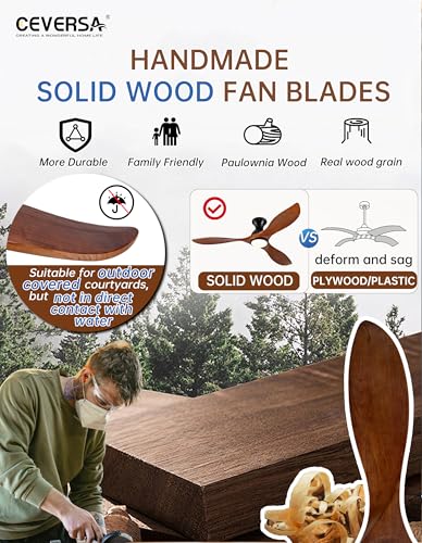 Ceversa 52 Inch Low Profile Ceiling Fans with Lights and Remote,Solid Wood Flush Mount 3 Blade Ceiling Fan,Dimmable,Quiet Noiseless DC Motor for Patios,Living Room,Bedroom(Wall Control Switch) thumbnail 2