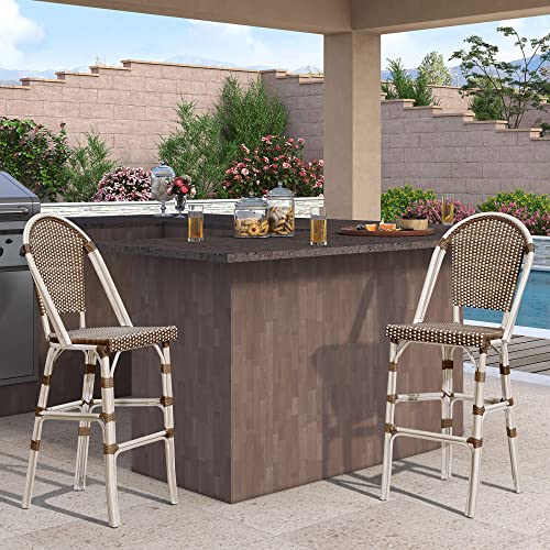 Image of PURPLE LEAF French Bar Stool Set of 2 White Print Finish Patio Bar Stools with Back Rattan Chairs Wicker Bar Height Stool 30 inch with Footrest Kitchen Island Stools Outdoor Barstool Brown