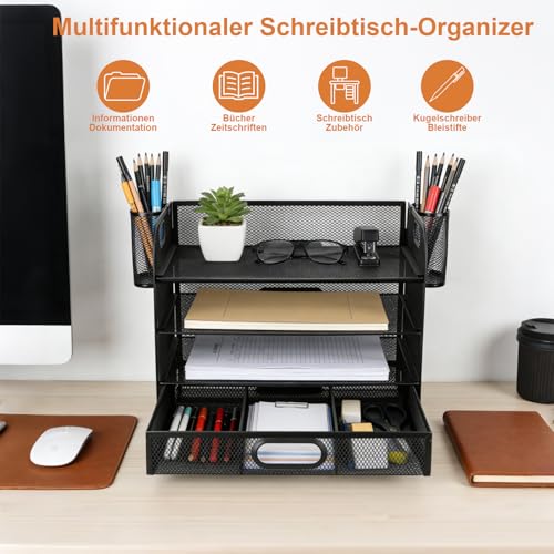 Schreibtisch Organizer, 4 Ebenen Papier Briefablage mit Schublade und 2 Stiftehalter, Netz Ablagefächer Organizer mit Griff, Mesh Schreibtisch Akten Organizer für Büro Bedarf Dokumentenablage