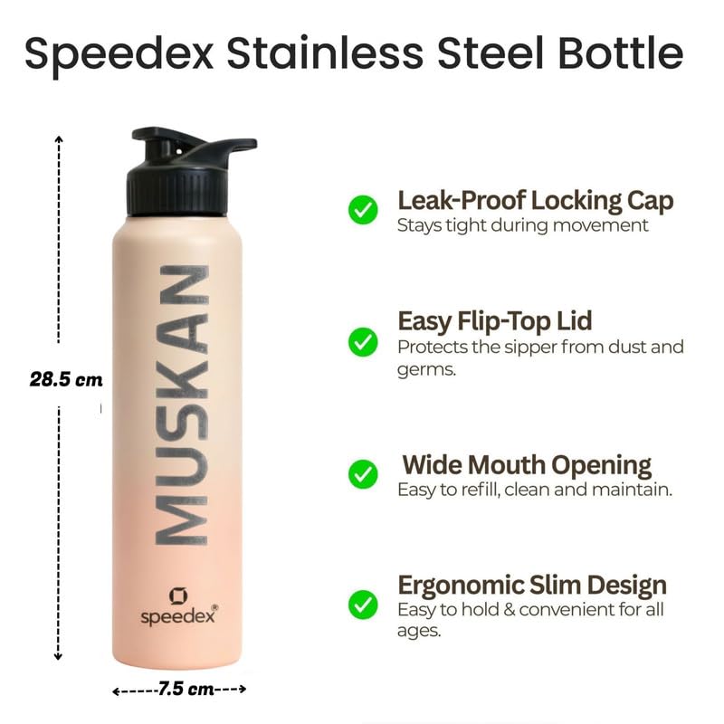 Image of Speedex Customised Stainless Steel Water Bottle 1 Ltr with Name - Personalised Engraved Sipper Cap Bottle for Kids, Men & Women, School, Gym, Office Peach Orange, Set of 1