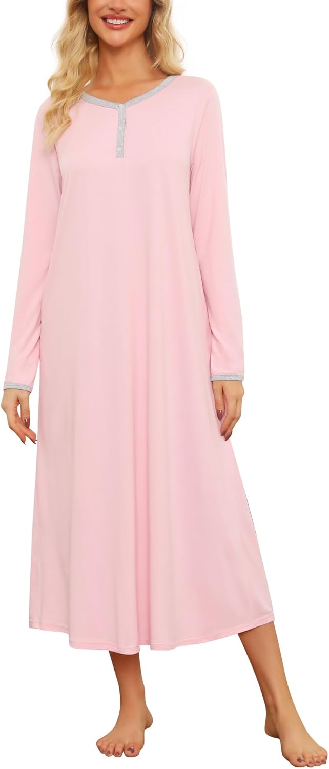 ENJOYNIGHT Womens Long Sleeve Nightgown V Neck Lounge Nightshirt Button Down Sleep Dress with Pockets
