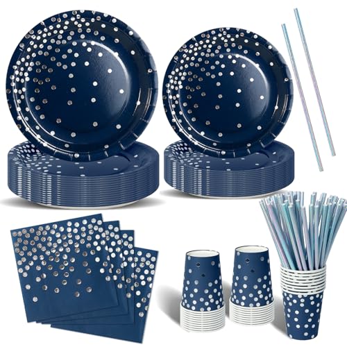 Nkaiso 120 Piezas Azulmarino y plata Vajilla Fiesta Cumpleaños, Platos y Vaso Cumpleaños Infantil, Juego de vajilla Fiestas Platos Desechable Servilletas para Party Decoración Baby Shower -24 Invitado