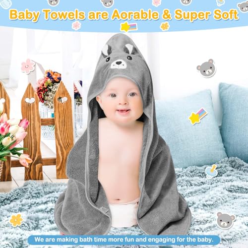Image of 4 PCS Hooded Baby Towels, Soft Baby Towel, Absorbent Baby Bath Towel, Baby Towels and 3 PCS Baby Washcloths for Newborns, Toddlers, and Kids, 32x32 in Baby Towel with Hood for Boy and Girl (Gray Bear)