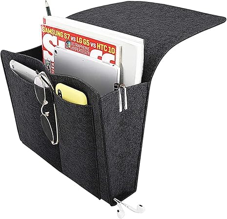 OTISTORES Bedside Pocket Caddy Bed Organizer Storage Inside with 5 Pockets and Charging Cable Hole for Organizing Tablet Pocket Hanging Storage Organizer Sofa Desk Hanging Organizer (Black)