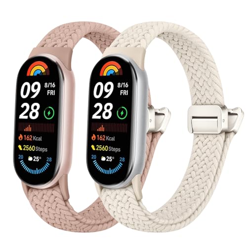 Raradev 2 Stück Nylon Geflochtenes Armband Elastische Herren Damen Nur Kompatibel mit Xiaomi Smart Band 10/9/8 Stufenlos Verstellbare Dehnbare Armbänder Sport Ersatz Armband für Xiaomi Mi Band 10/9/8