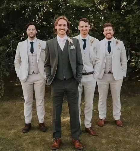 Men's 3 Piece Suits Slim Fit Linen Lightweight Blazer Vest Pants Set Wedding Groomsmen Suit2