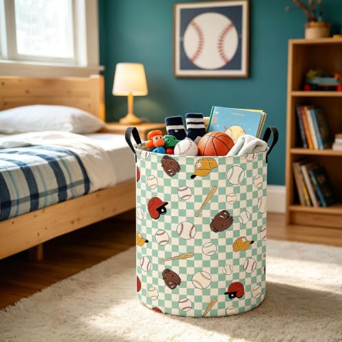 Image of Round Laundry Basket Collapsible Storage Hamper Green Grid Baseball | Waterproof Canvas Foldable Baskets with sturdy Handles Multi-scene Organizer for Home Play Bedroom Gift Bin