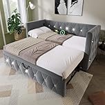 EINHOM Daybed, Single Bed Frame with Trundle, 3ft Sofa Bed with Charging Ports, Pull Out Bed for Living Room and Bedroom, Velvet, (No Mattress) (Grey)