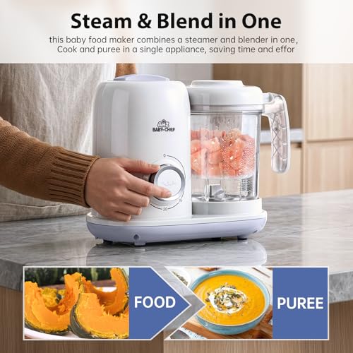 AMZBABYCHEF Baby Food Maker, 4 in 1 Baby Food Processor and Steamer, Puree Blender, Multifunctional Baby Puree Maker, Dishwasher Safe (White)