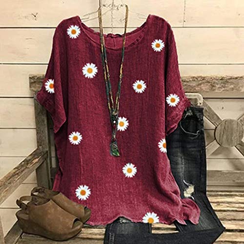 SONIGER_Tops Women's Floral Print Lightweight Cotton Linen O Neck Short Sleeve Loose Blouse,Casual Summer Loose Shirt for Ladies