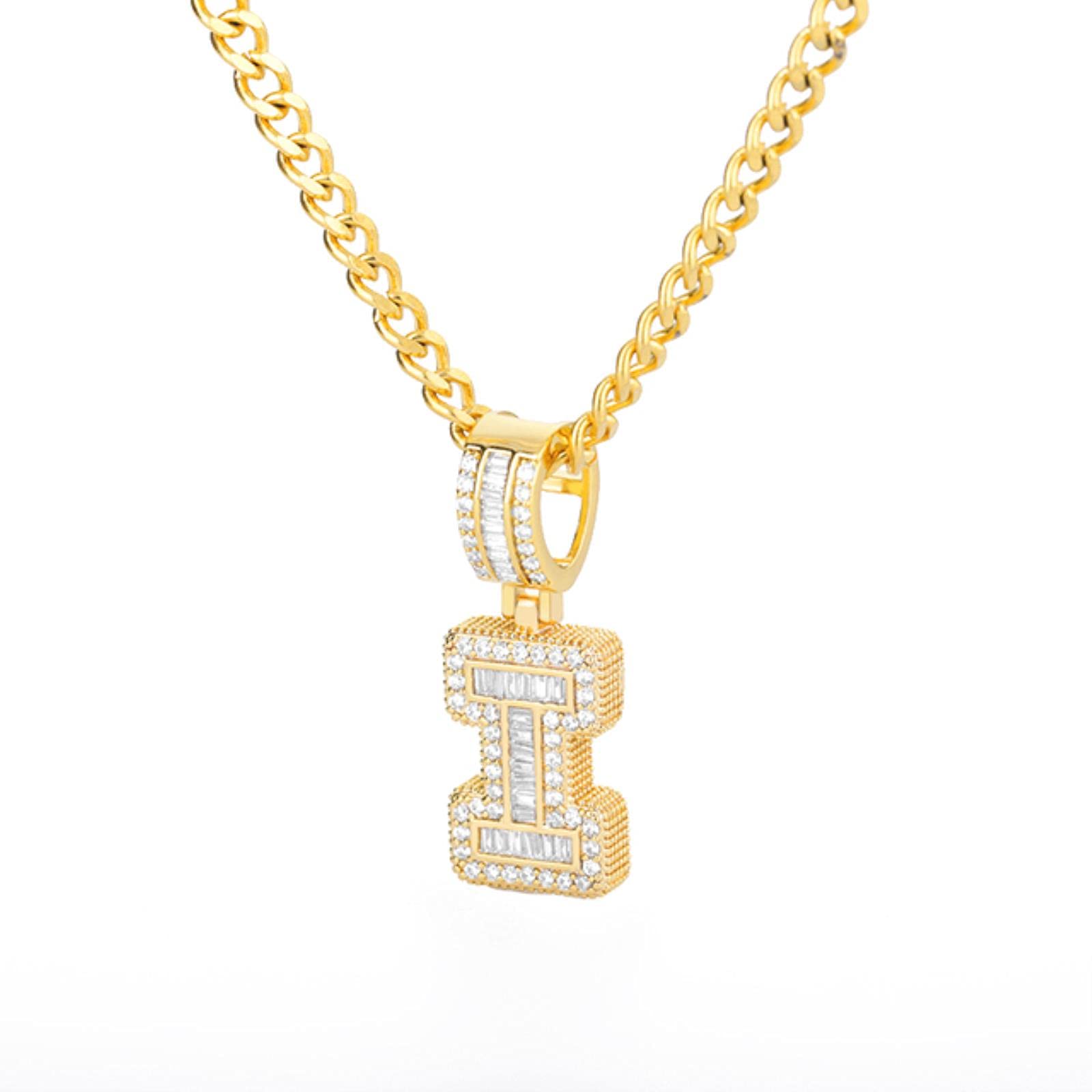zxcs Initial Letters Necklace for Women Stainless Steel Pendant Shiny Ice Out Chain Necklace Hip Hop Men Jewelry-I,45cm