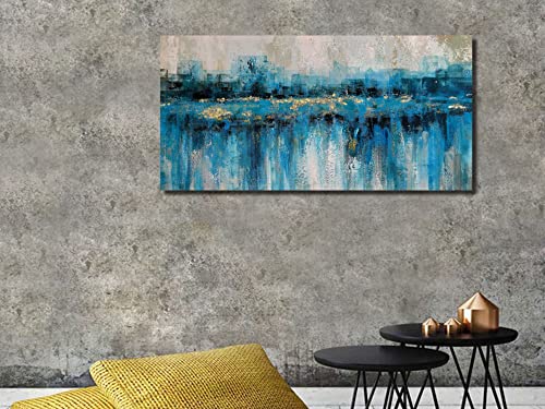 Arjun Teal Abstract Wall Art Modern Blue Grey Picture Cityscape Textured Painting, Large Size Framed Artwork Prints Ready To Hang For Living Room Bedroom Bathroom Home Office Wall Decor, 48"X24" #TOP3